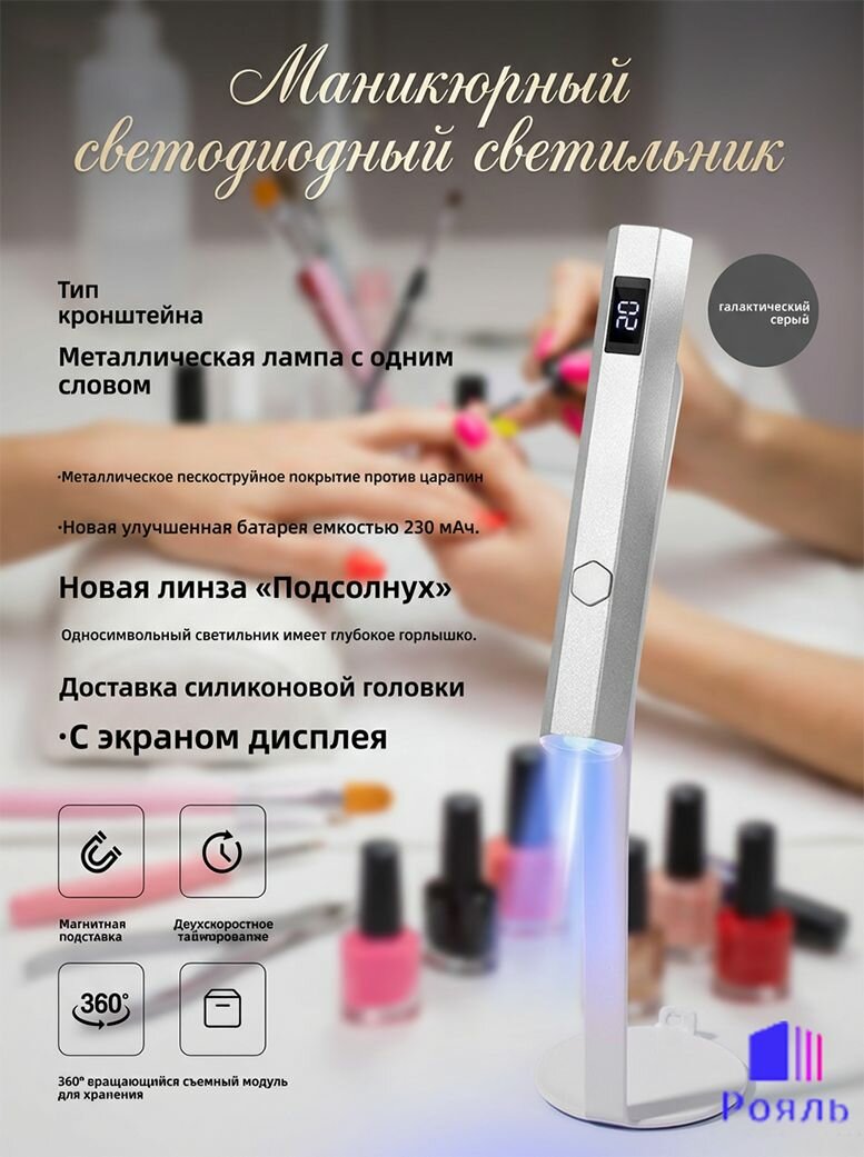 УФ-лампа для ногтей линейная 114x19 мм, на аккумуляторе, с магнитным держателем и таймером 20/60 с, порт Type-C