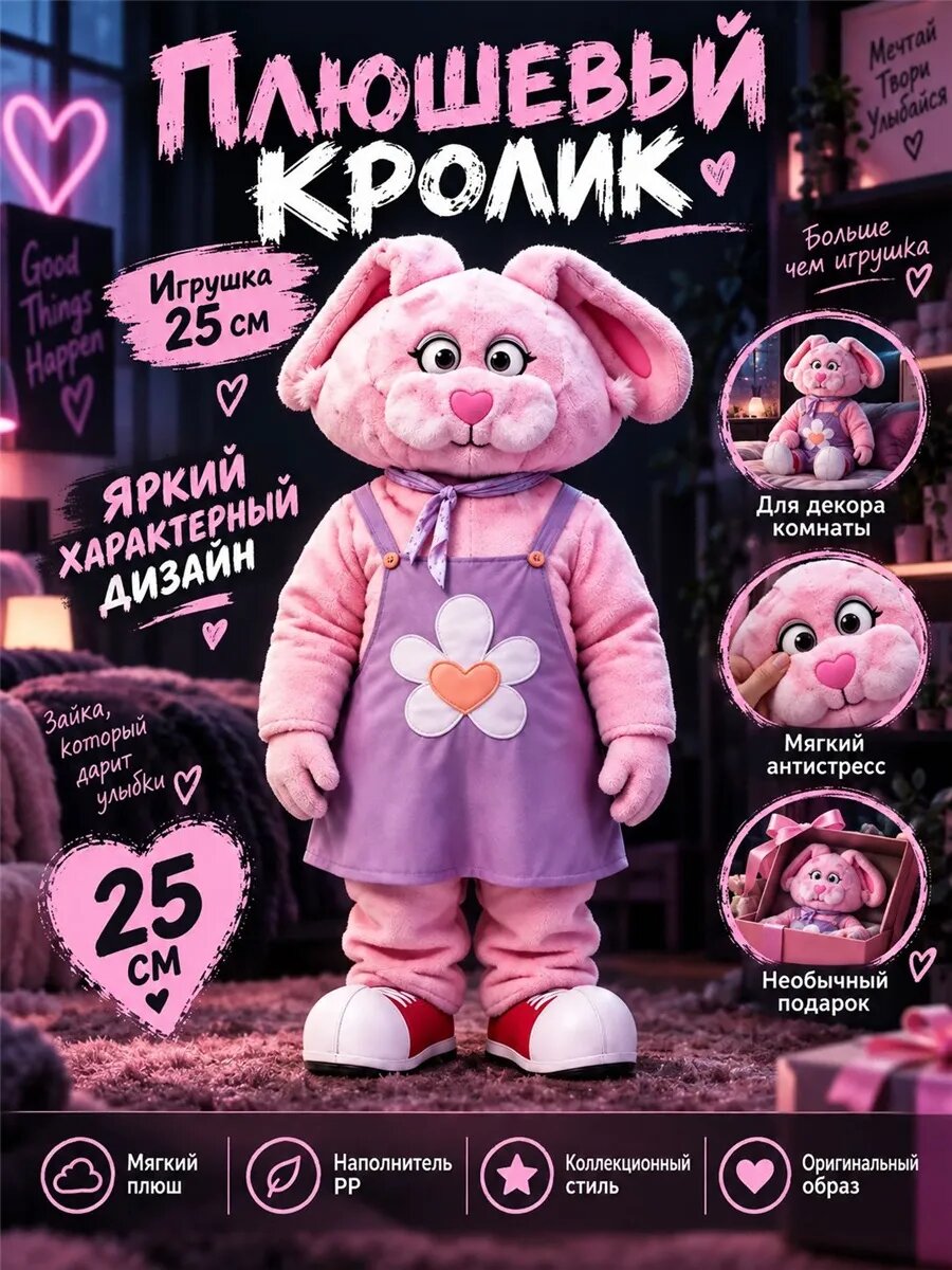 Бадди мягкая игрушка розовый кролик 25 см