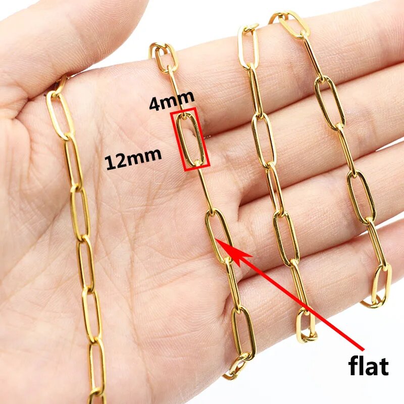 Золотые позолоченные цепи из нержавеющей стали Mibrow 4x12 мм 4x12mm Gold Flat
