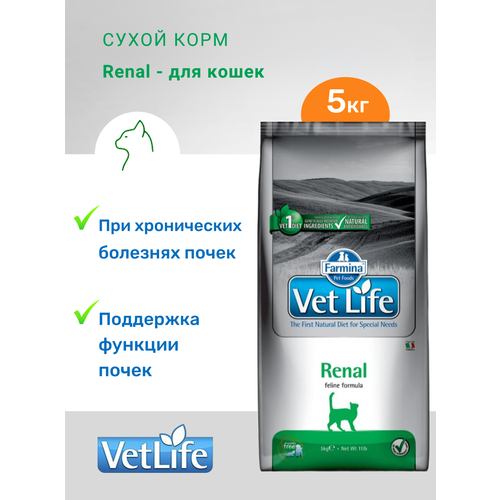 Сухой корм Farmina Vet Life Renal, для кошек с заболеваниями почек, при почечной недостаточности, диетический, курица, 5 кг
