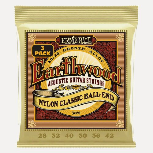 Изображение товара Струны для классической гитары ERNIE BALL 3069 Earthwood 80/20 Folk Nylon 3 Pack 28-42