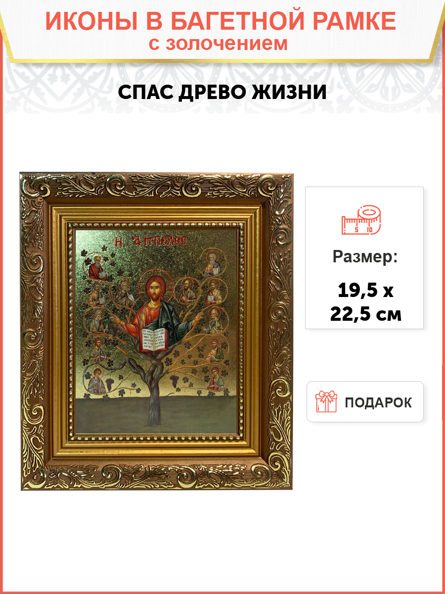 Икона Спас Древо Жизни с золочением, широкая рамка 19,5х22,5х2 см