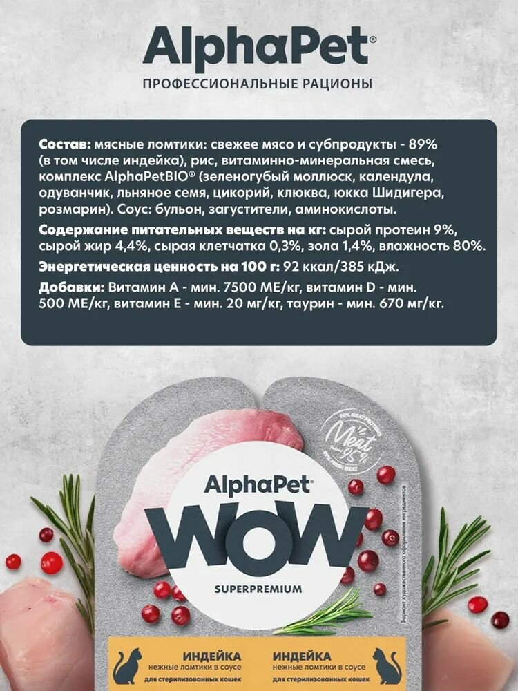 Влажный корм для кошек стерилизованных AlphaPet WOW Индейка ломтики в соусе, упаковка 80 гр х 15 шт — фото 1