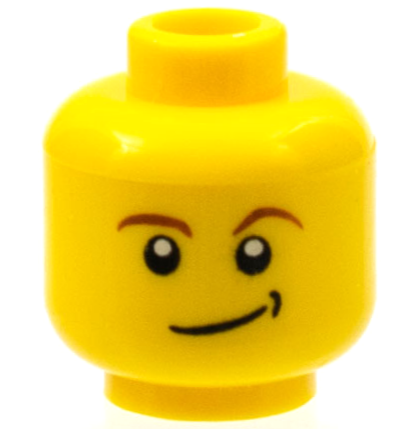 Minifigure, Head Reddish Brown Eyebrows, White Pupils, Lopsided Smile with Black Dimple Pattern, 3626pb0278 Yellow U