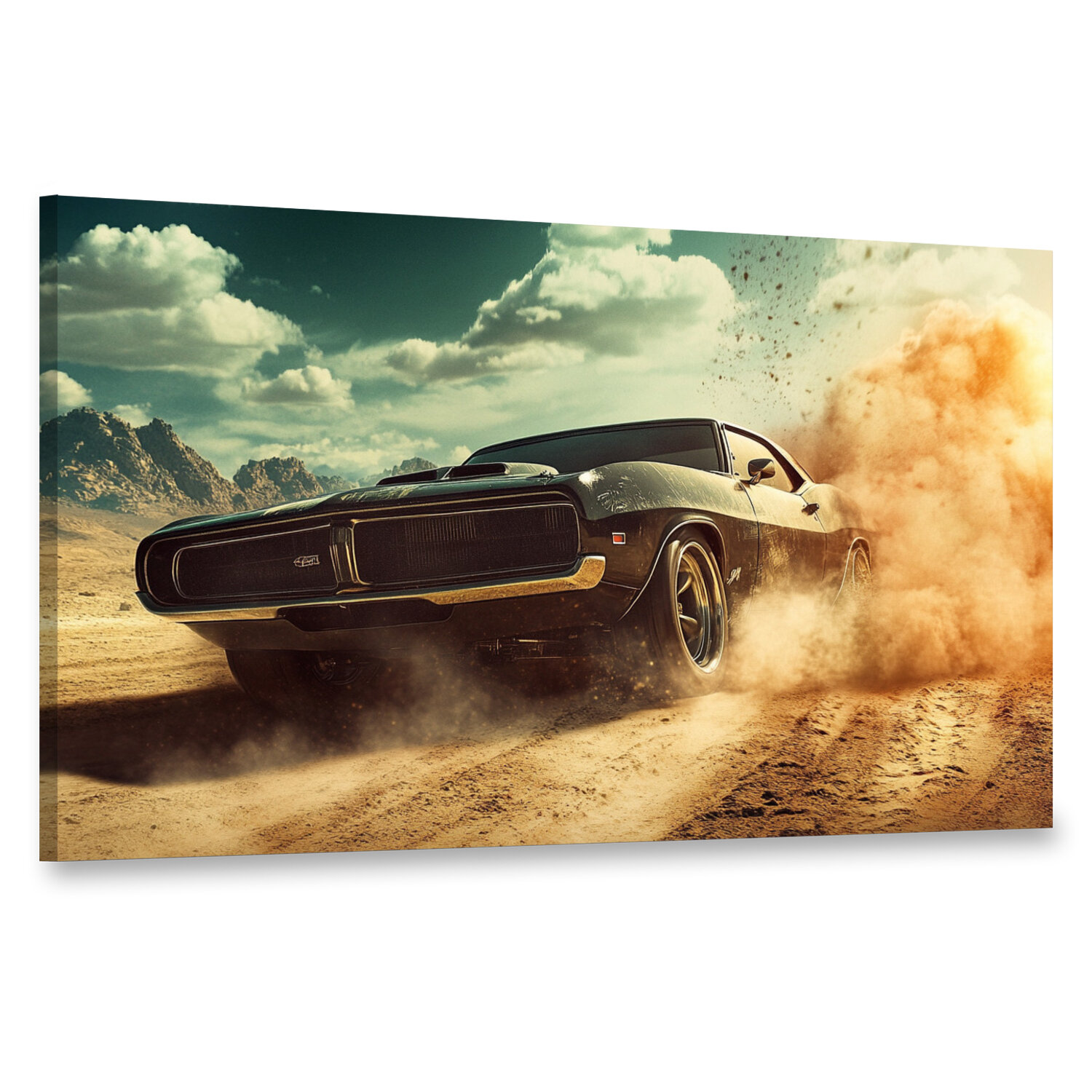 Картина на холсте интерьерная 100х60 см, мощный мускул-кар, пустынный ландшафт, облака пыли, следы шин