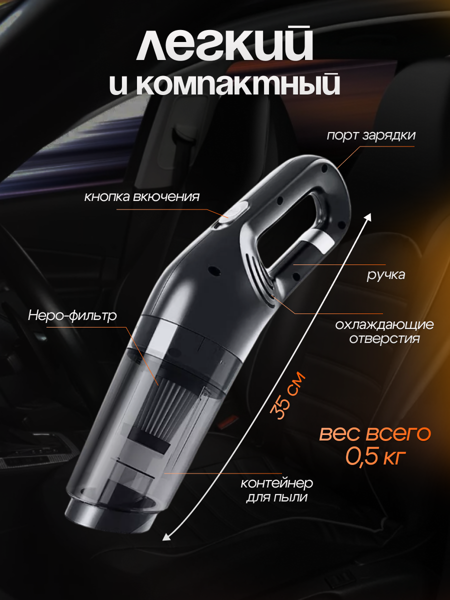 Беспроводной пылесос для автомобиля мощный, ручной портативный автомобильный пылесос для салона машины и дома, 120Вт — фото 1