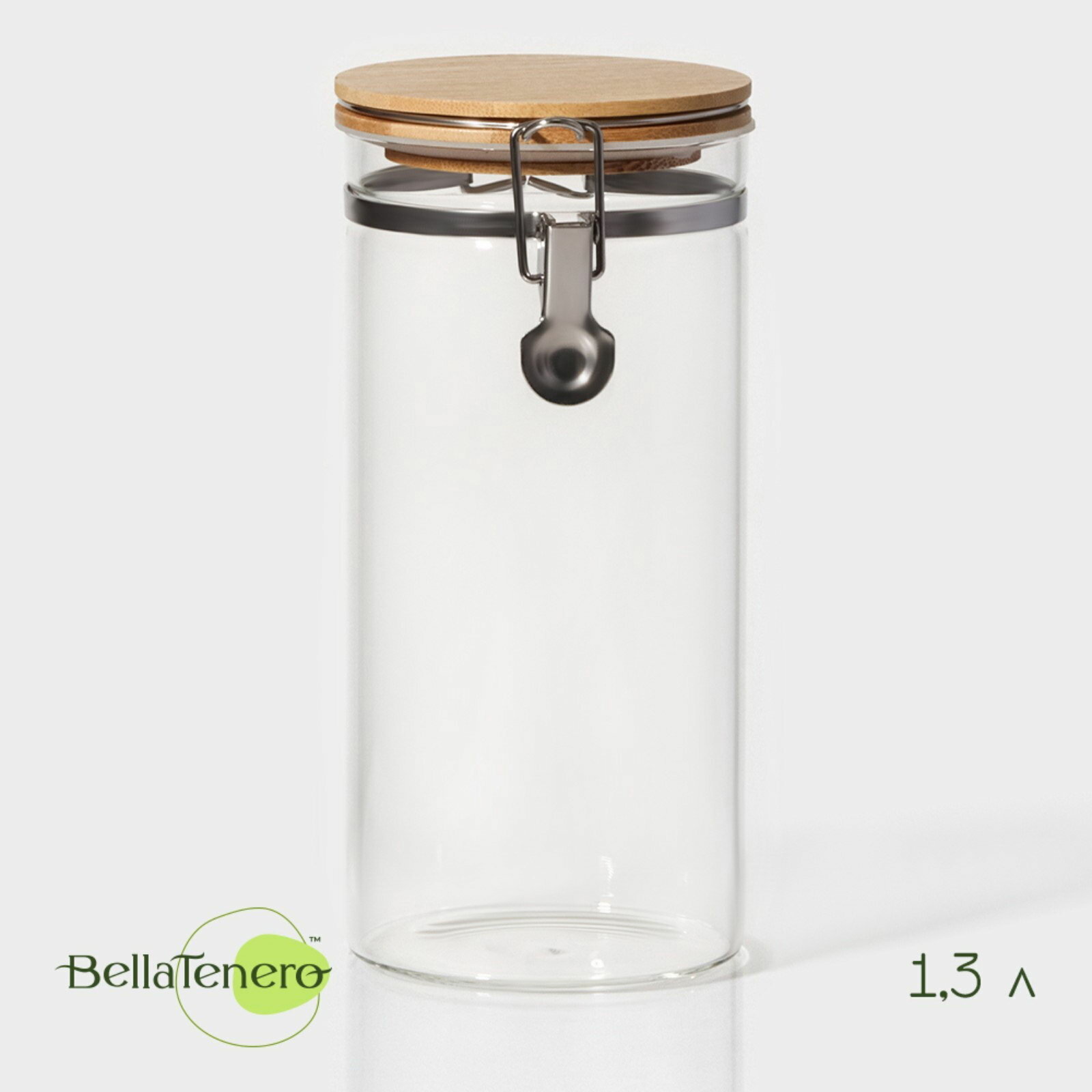 Банка для сыпучих Bella Tenero "Эко", 1.3 л, 10x22 см, с бугельным замком, стекло, прозрачная
