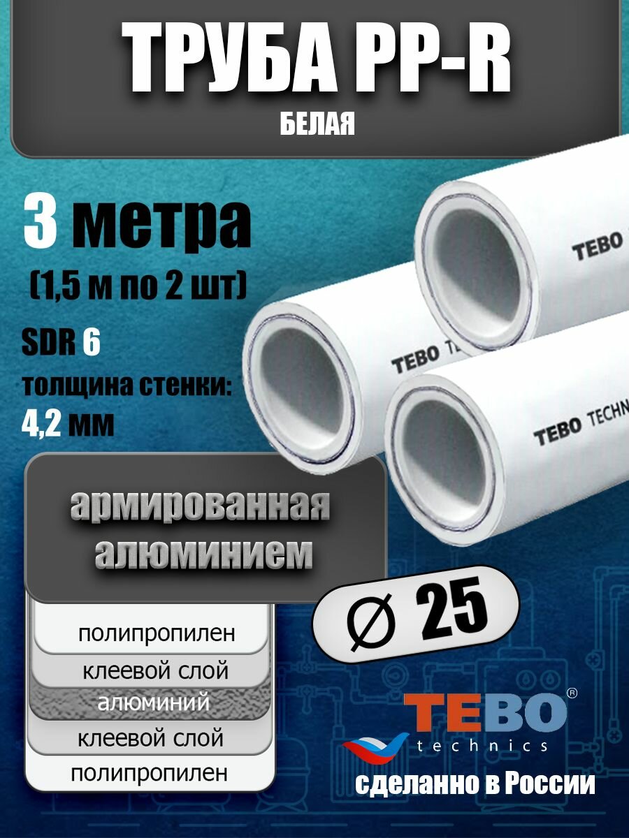 Труба 25 мм полипропиленовая, армированная алюминием (для отопления), SDR 6, 3 метра (1,5 м х 2 шт) / Tebo (белый)