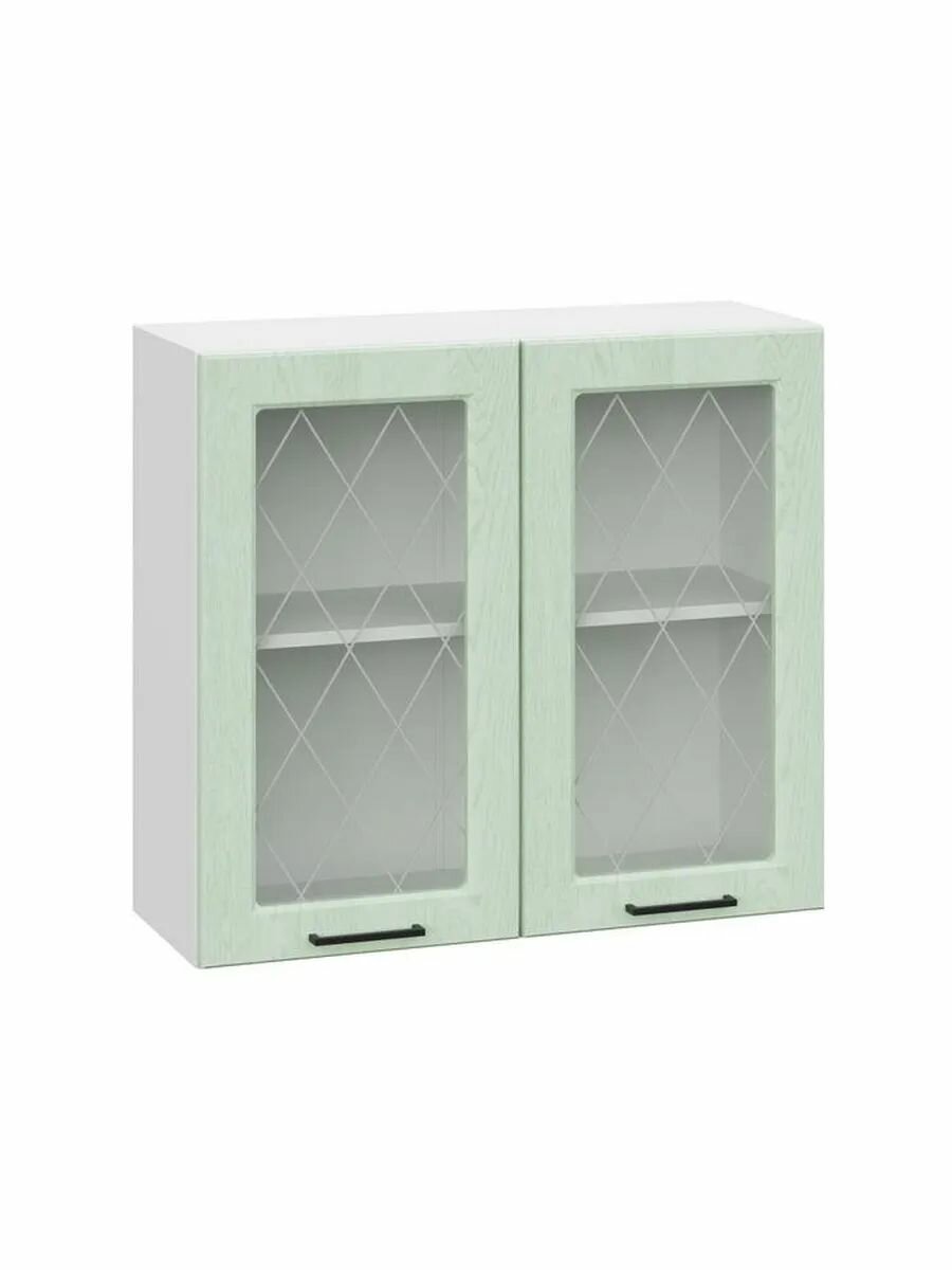 Кухонный модуль навесной шкаф Шервуд с доводчиками с полками 80х29.6х72 см Белый / Шато мята со стеклом
