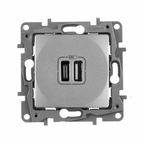 Зарядное устройство с двумя USB-разьемами тип A-тип С 240В/5В 3000мА - Etika - Цвет Алюминий (арт. 672436)