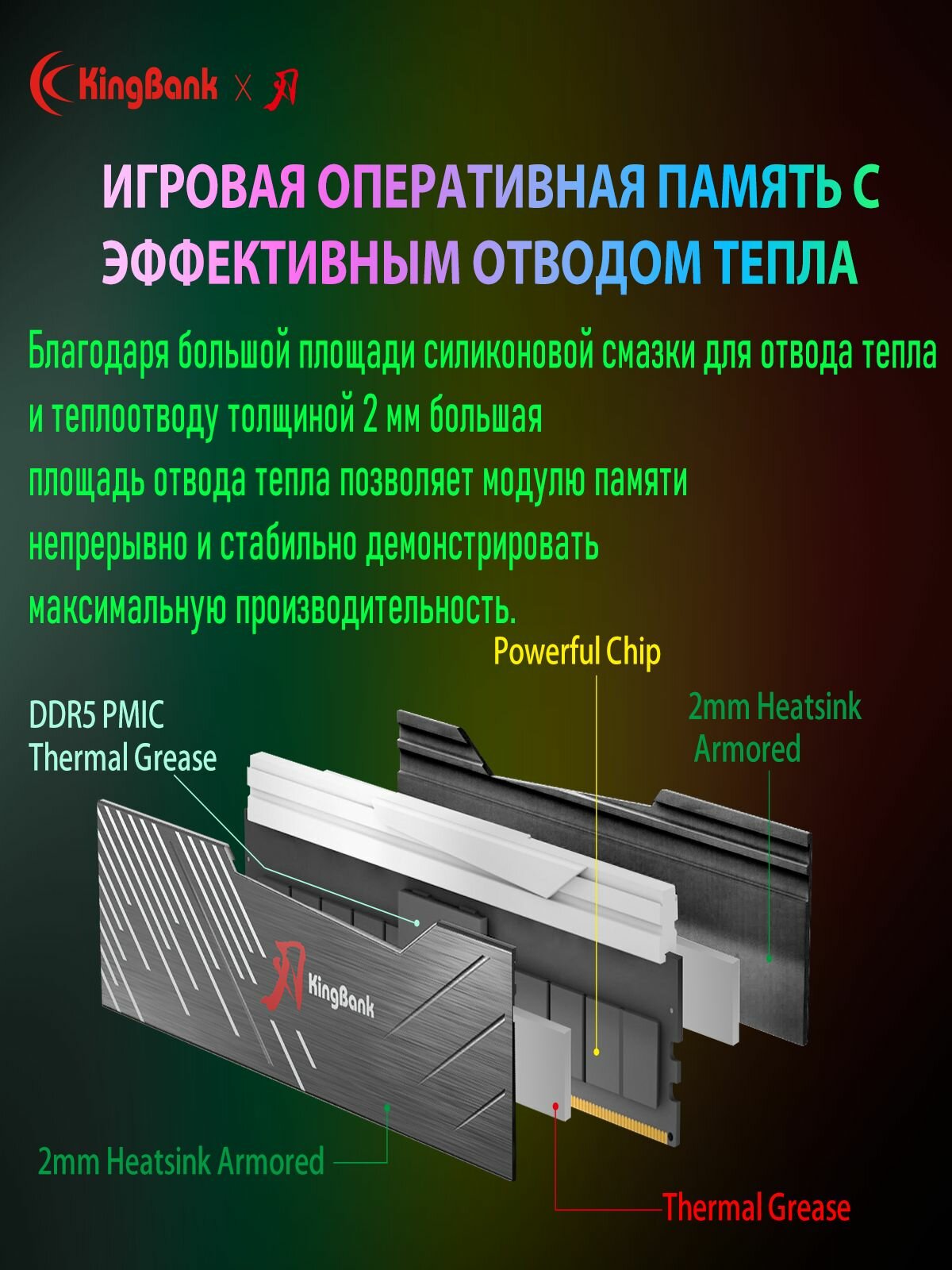 KingBank Оперативная память Dark Soarblade RGB RGB DDR5 UDIMM 7200MHz Drak Heatsink (Hynix A-die C34) 2x16 ГБ — фото 1