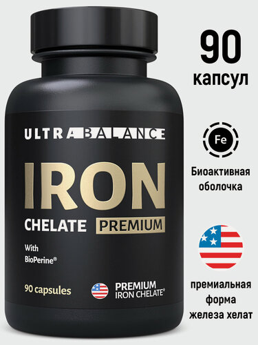 Изображение товара Железо хелатное премиум UltraBalance Iron Chelated Premium, витамины хелат с пиперином для мужчин и женщин, 90 капсул