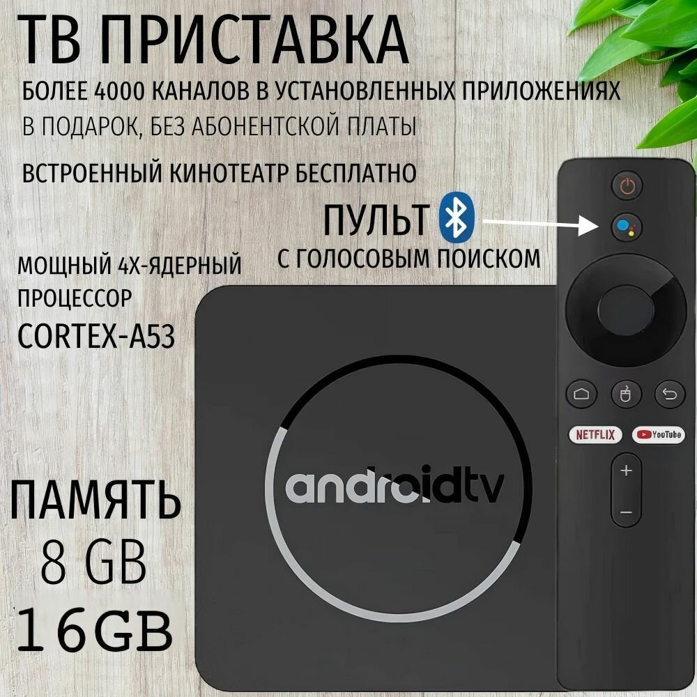 Смарт ТВ приставка для цифрового ТВ, Медиаплеер UHD 8K ULTRA 2/16 ГБ +бесплатное телевидение, Bluetooth пульт, товары за 1 рубль