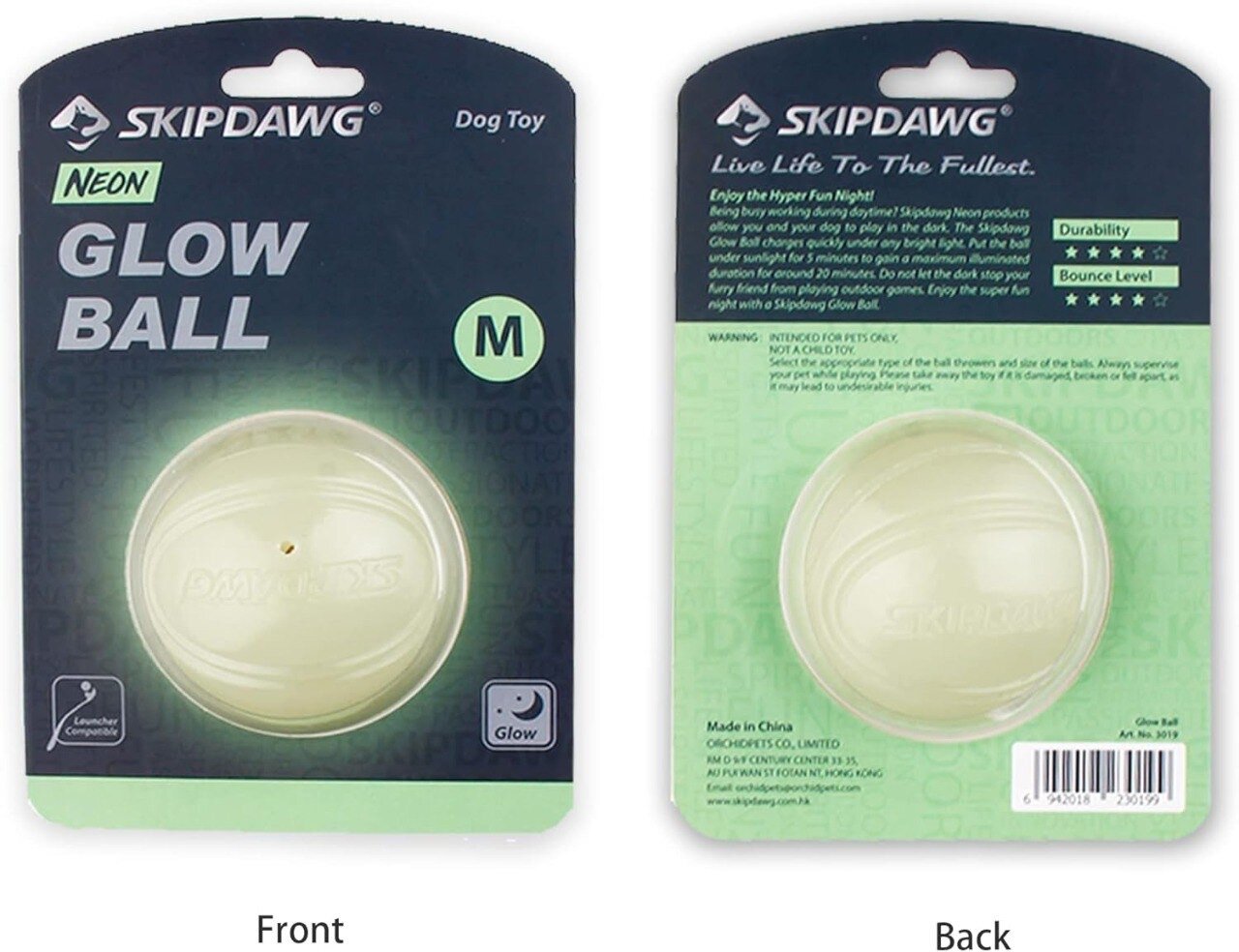 Игрушка для собак прочный светящийся мяч Skipdawg - Glow Ball (с пищалкой) — фото 1
