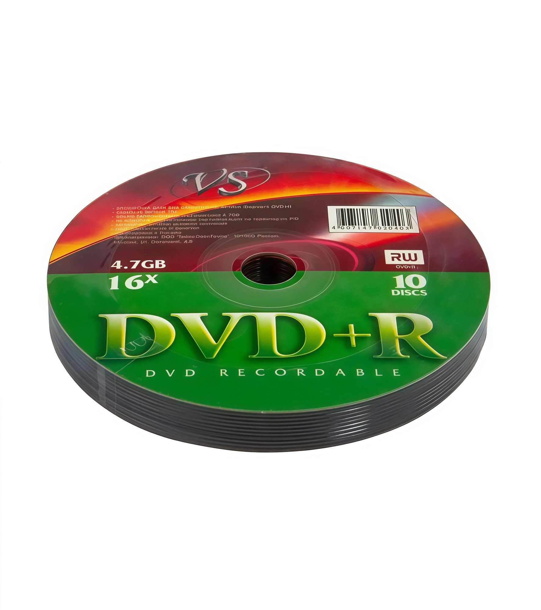 Диски для записи VS DVD+R 4,7 GB 16x 10 штук в термопленке, однократная запись