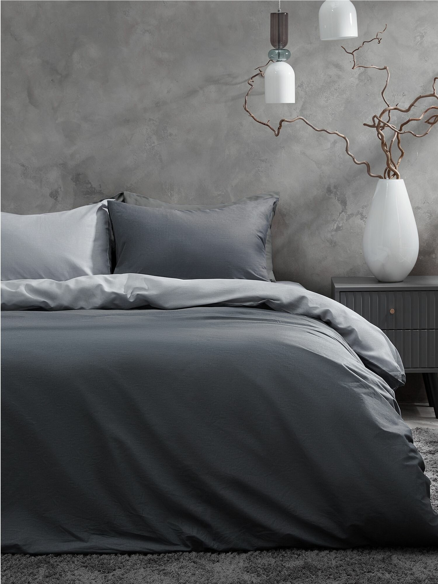 Унисон Комплект постельного белья Unicolor, Поплин, 1,5 спальный, нав. 50х70, Dark Grey+Grey — фото 1