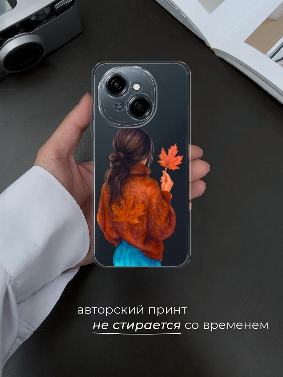 Чехол на Tecno Spark Go 1/Pop 9 / Текно Спарк Go 1/Поп 9 с принтом "Девушка с опавшим листом", прозрачный — фото 1