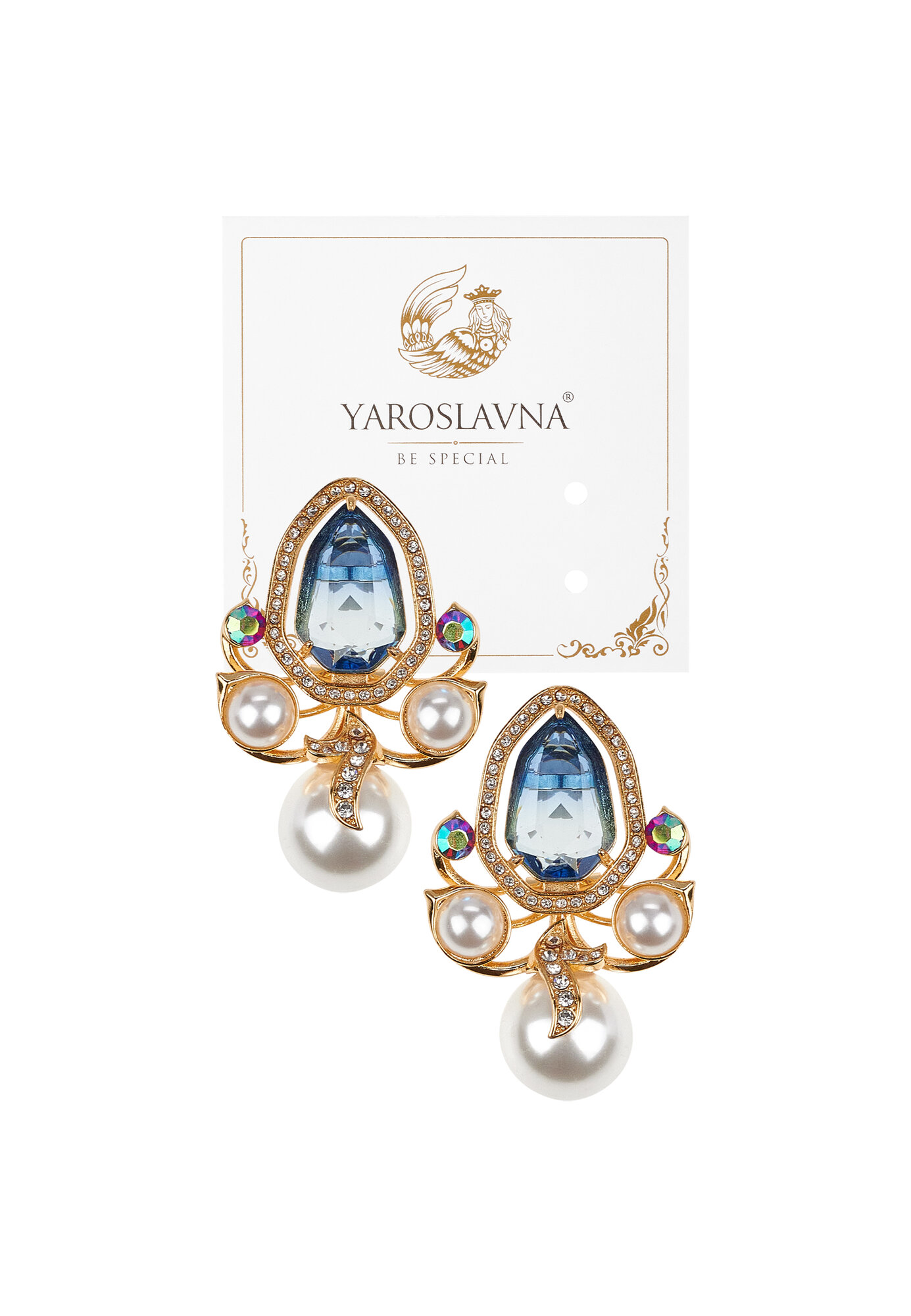 Серьги с подвесками YAROSLAVNA, стекло, белый, золотой, синий — фото 1