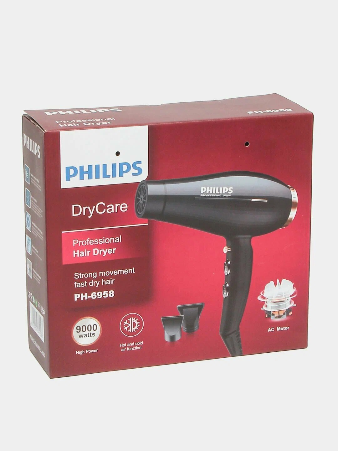 Профессиональный фен Philips PH-6958, 9000 Вт, с насадками для сушки и укладки, 2 режима нагрева