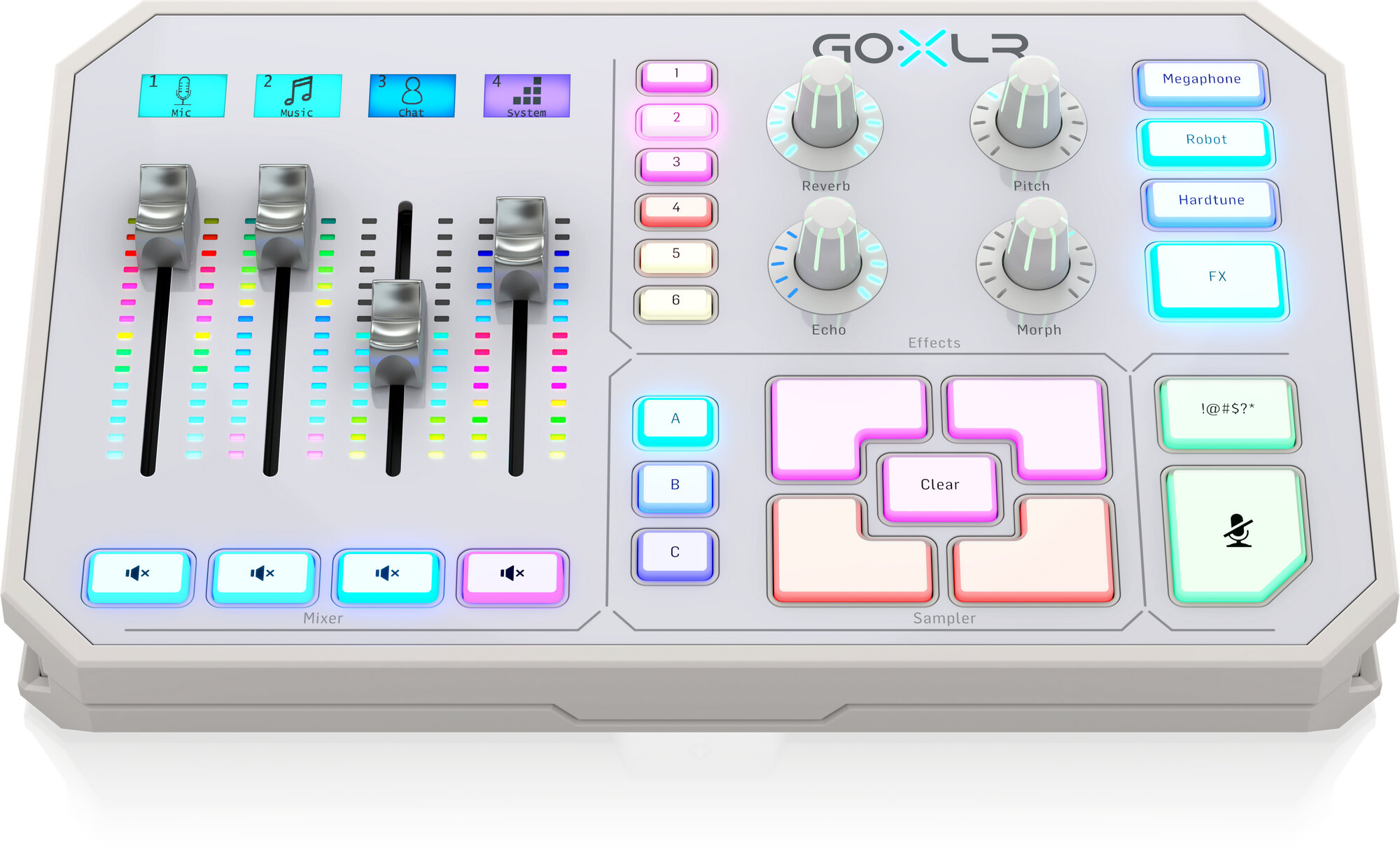 TC Helicon GO XLR-WH звуковой интерфейс для live -стриминга и геймеров, микшер 4 фейдера, контроллеры, пэды, оптический вход для игровых приставок, бе