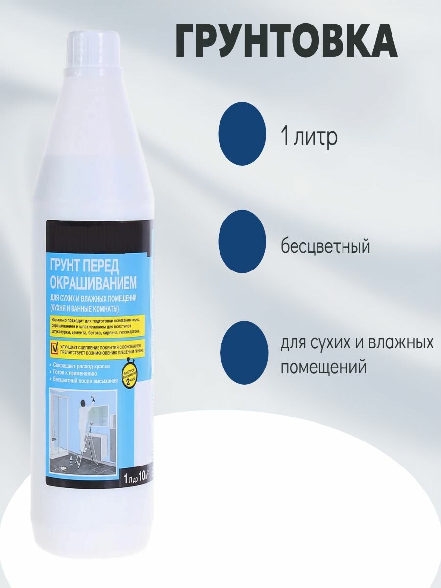 Грунтовка для сухих и влажных помещений 1 л бесцветная - для обработки потолков и стен перед нанесением декоративного материала.