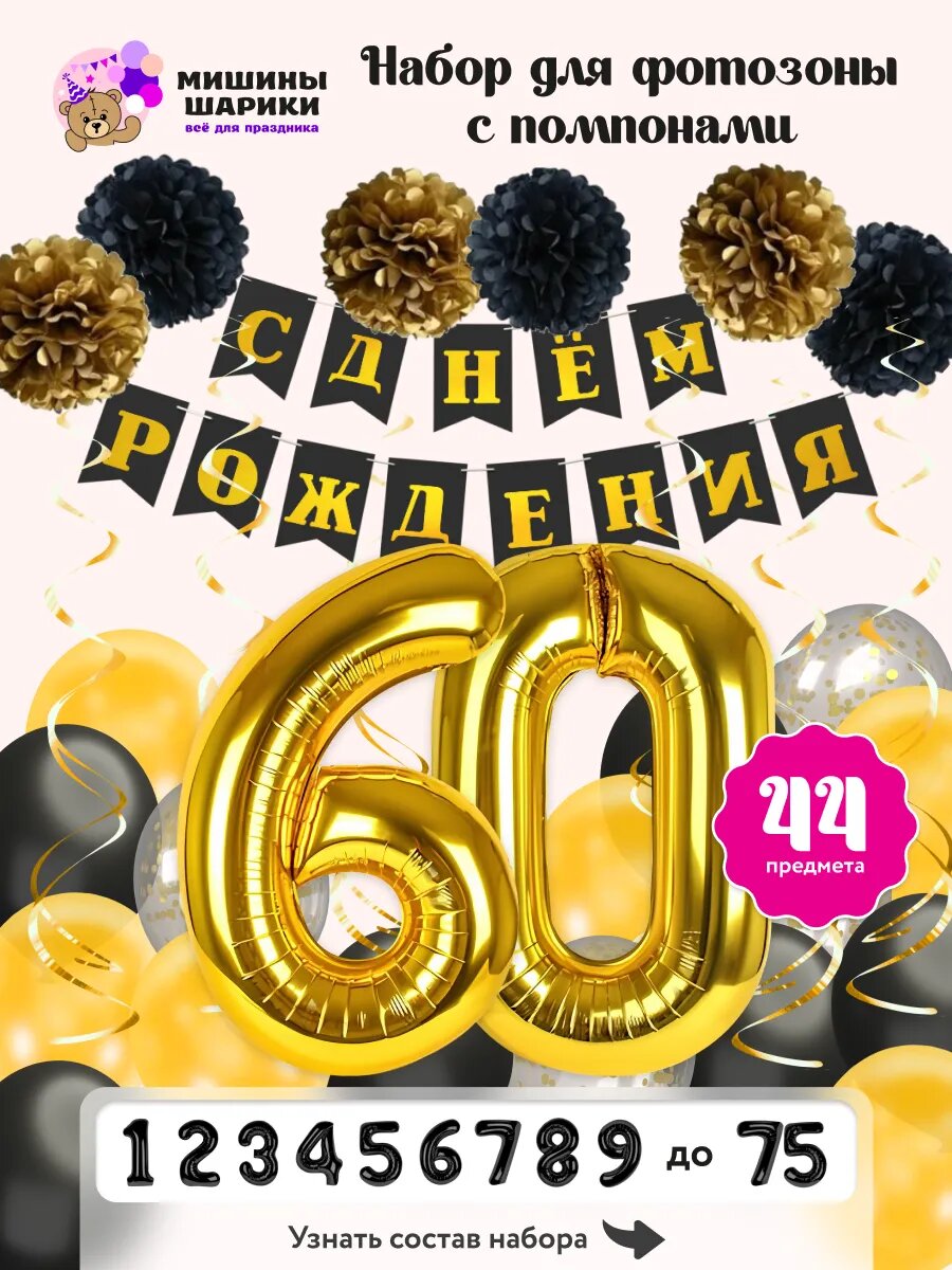 Набор воздушных шаров для фотозоны на день рождения с цифрой 60 лет