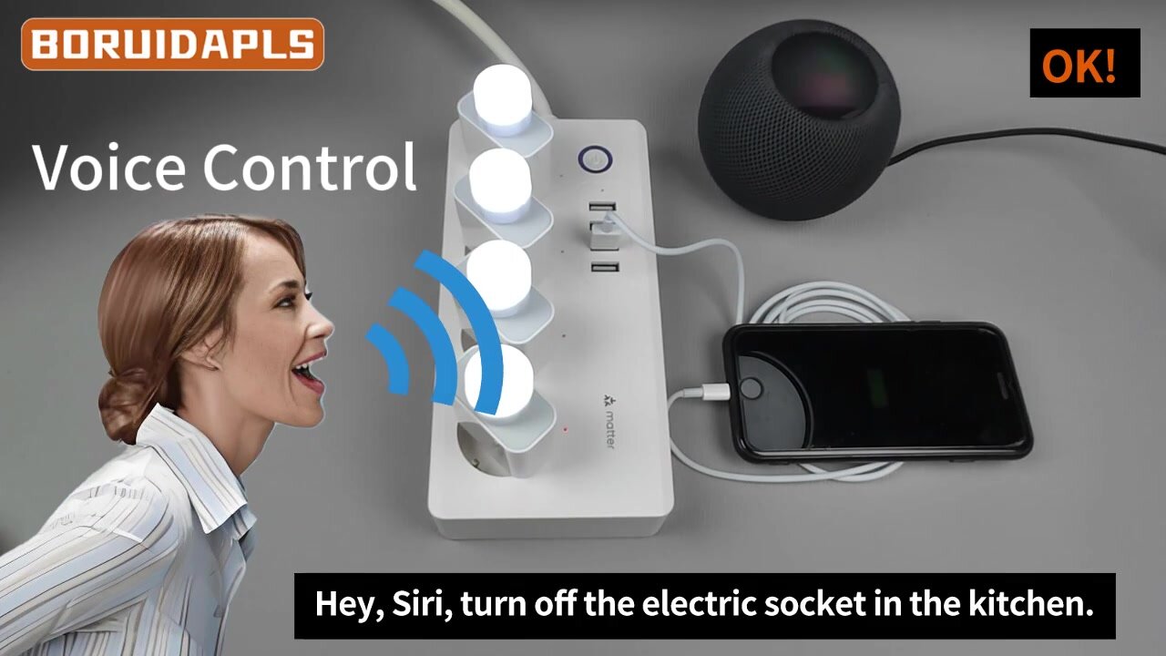 Умный удлинитель borumicropls с розеткой европейского стандарта, смарт-розетка, Apple HomeKit Siri, Google Home, голосовое дистанционное управление, 220 В, 16 А, EU, 100-240 В, Matter Power strip, 4 — фото 1