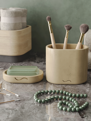 Изображение товара Набор для ванной Astrid 19 (двойной стакан для зубных щеток, мыльница), бетон, кремовый глянцевый