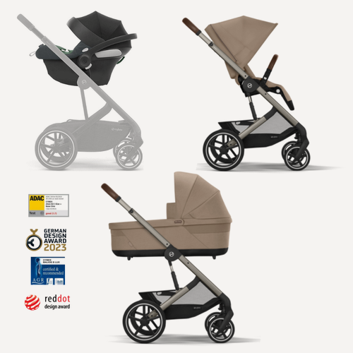 Изображение товара Cybex Balios S Lux коляска 3 в 1 (2025), цвет Almong Beige, бежевый, автокресло Cybex Aton B2 i-size, коляска для новорожденных, в комплекте 2 дождевика