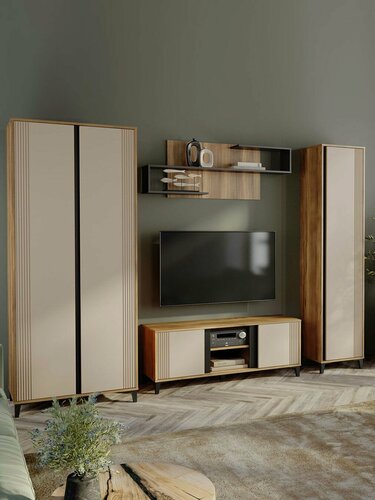 Изображение товара Гостиная комплект Барселона, шкаф, тумба под телевизор, настенная полка, 275.8х50.3х221.6 см, Дуб Барокко / Бежевый / Черный
