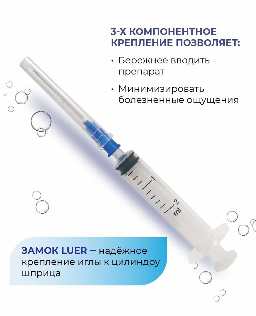 Шприц 2 мл 100 шт одноразовый стерильный 3-х компонентный Луер 100 шт, игла 23G 0,6х30 мм — фото 1