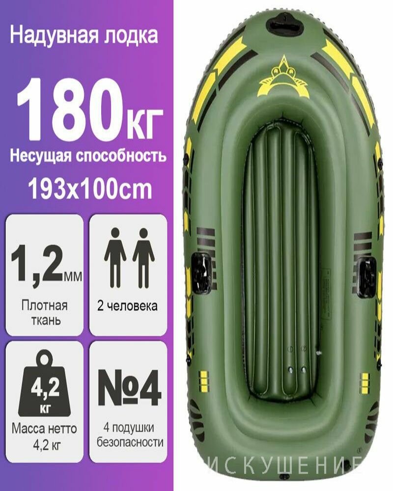 Надувная лодка 190х100 см, зеленая, грузоподъемность 180 кг, вес 3.2 кг, для рыбалки и отдыха