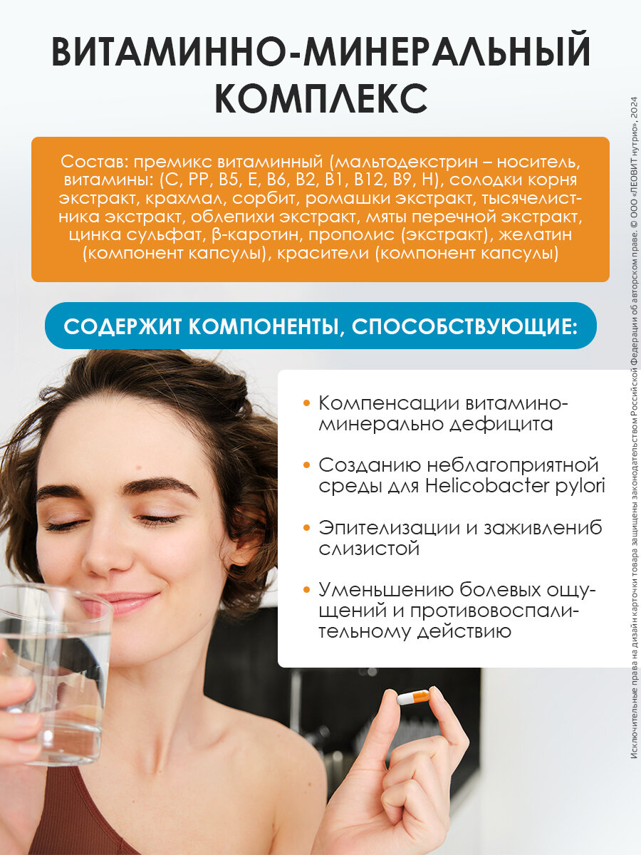 Бад Источник Минеральных Веществ БАД для ЖКТ ГАСТРОБИН ФОРТЕ ЛЕОВИТ GASTRO при гастрите Упаковка 60 капсул по 0,5 г