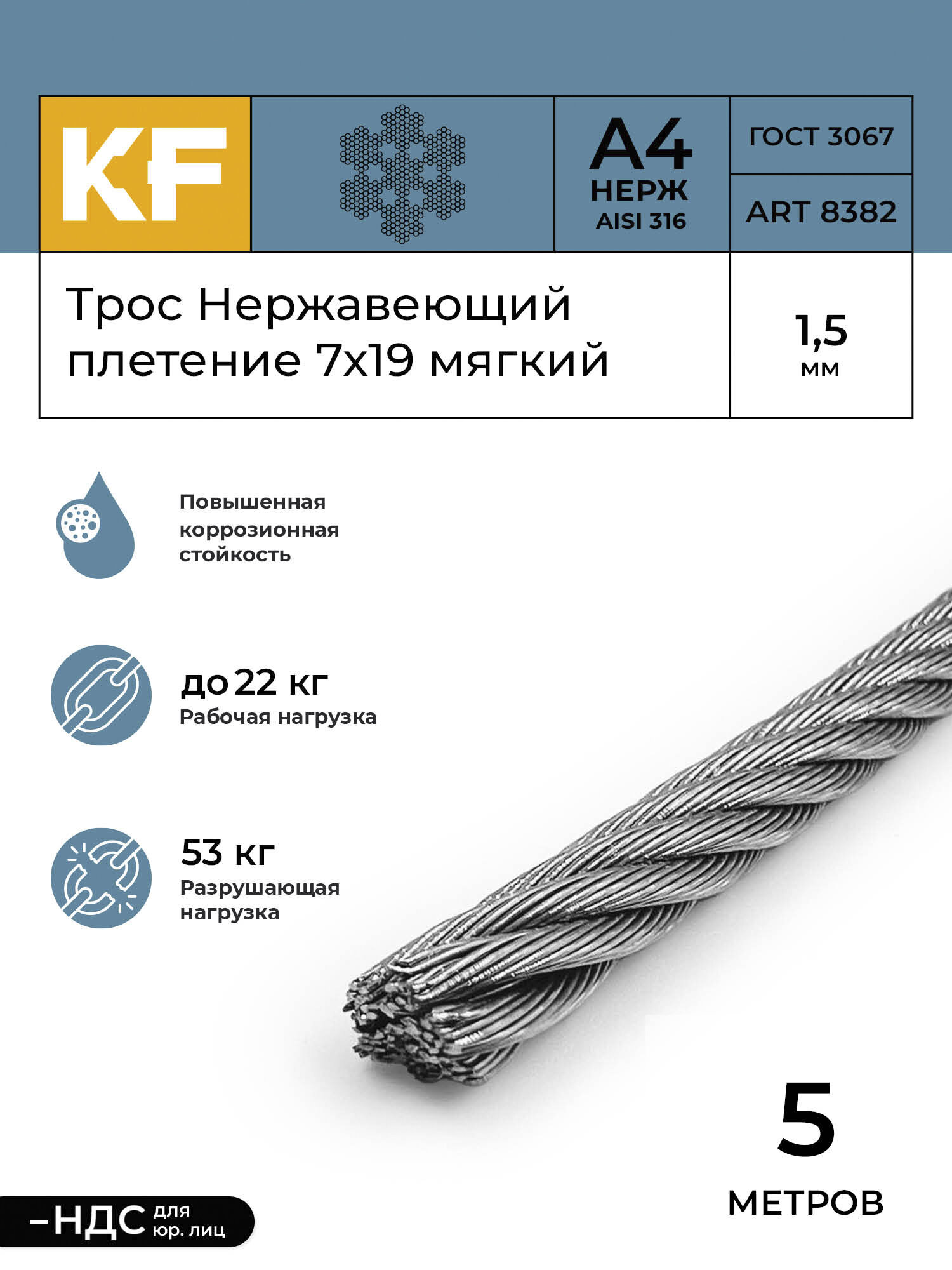 Трос нержавеющий 1,5 мм сталь А4 плетение 7х19 мягкий 5 метров