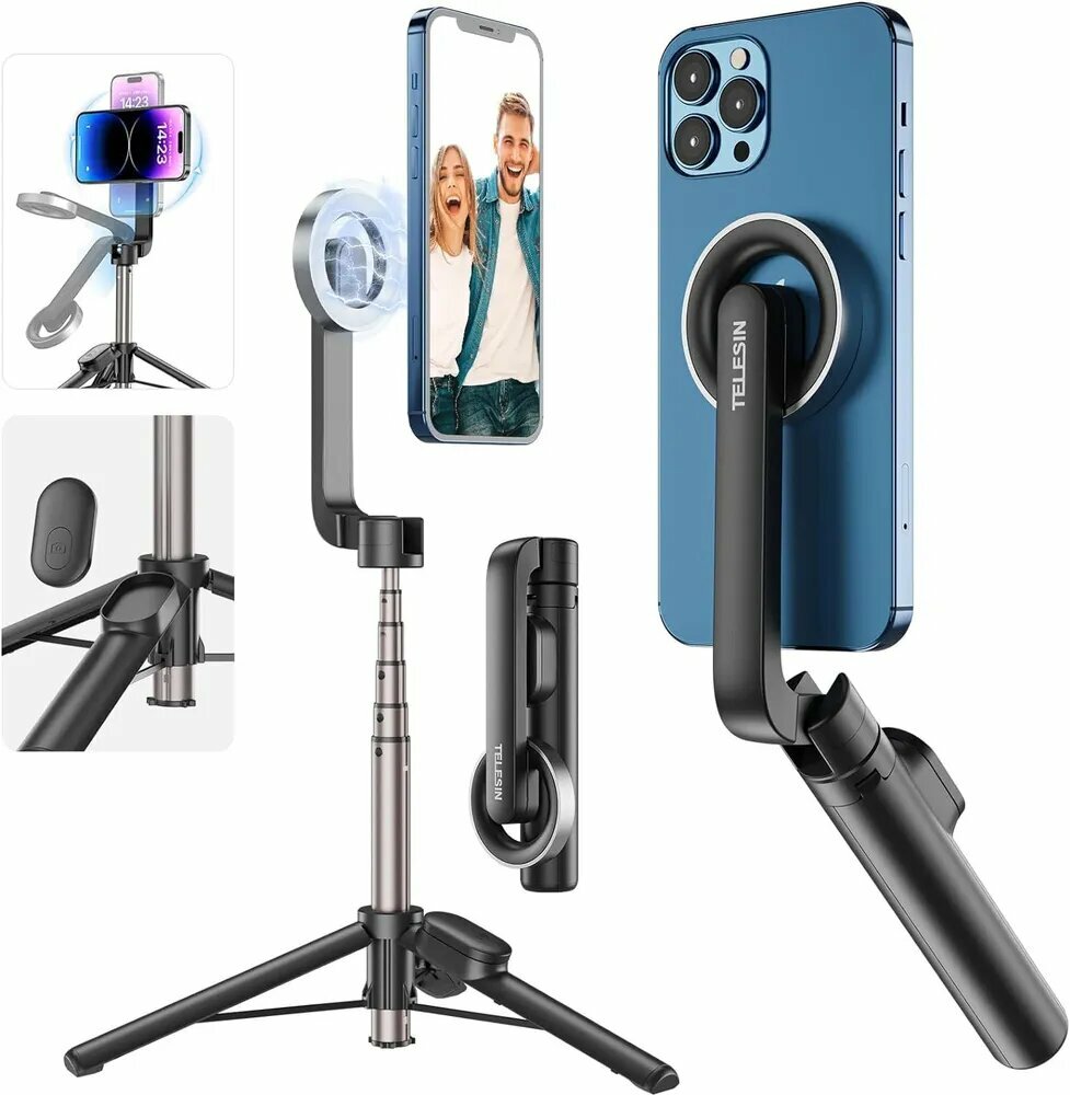 Магнитный штатив TELESIN для селфи с дистанционным управлением Bluetooth, для iPhone 15, 14, 13, 12 серии Pro Max, все телефоны Android с магнитной функцией