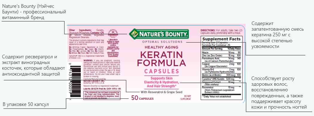 Изображение БАД Nature's Bounty Капсулы "Кератин формула", 50 шт. Keratin Formula