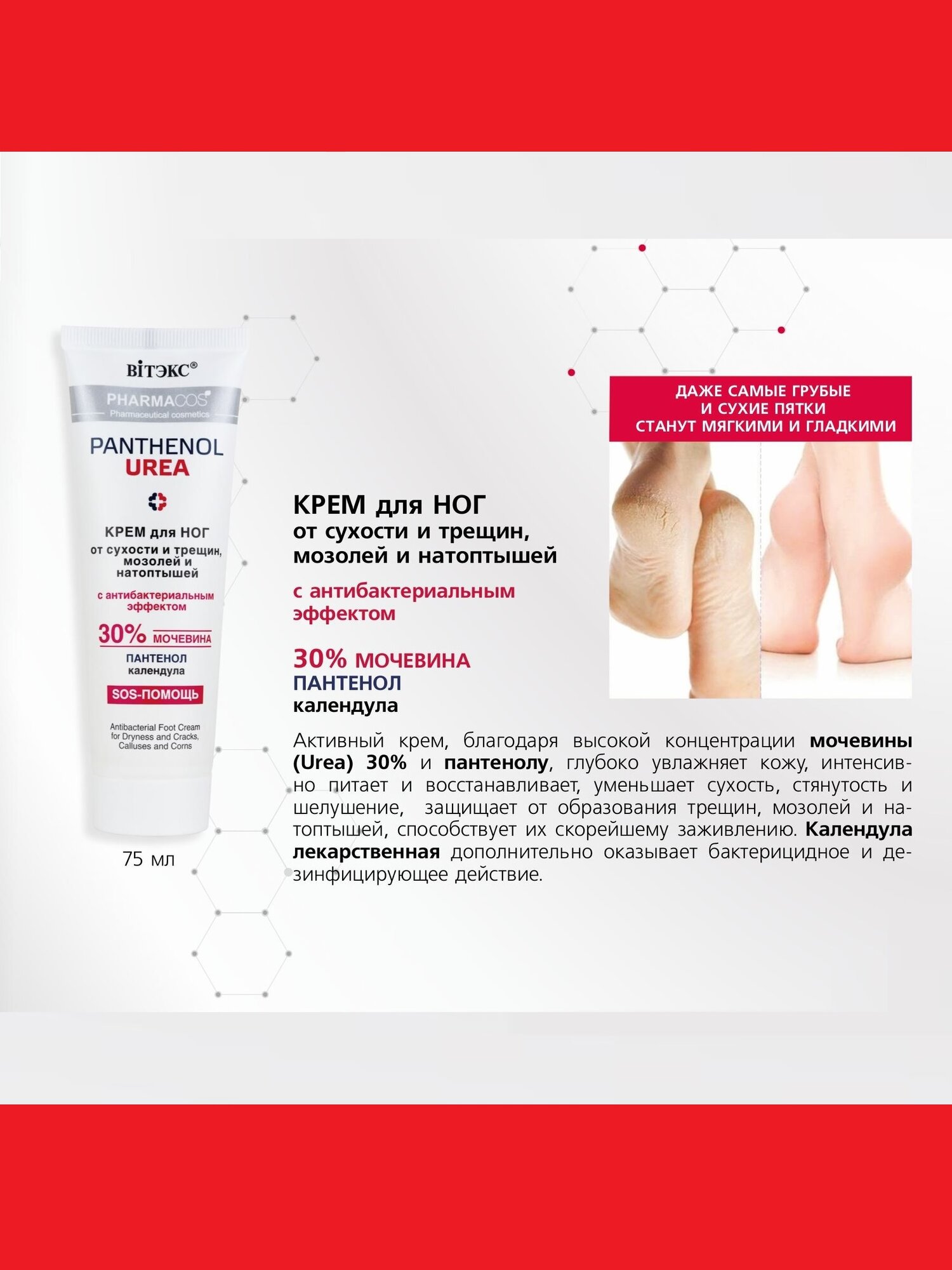 Витэкс Крем для ног Pharmacos PANTHENOL UREA от сухости и трещин, мозолей и натоптышей с антибактериальным эффектом 75мл — фото 1
