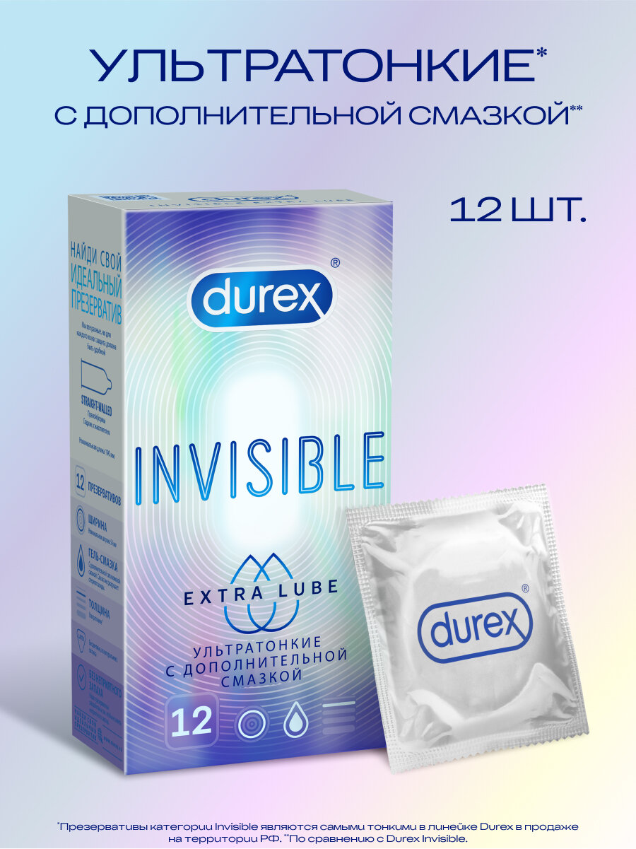 Презервативы ультратонкие Durex Invisible Extra Lube со смазкой из натурального латекса, 12 шт