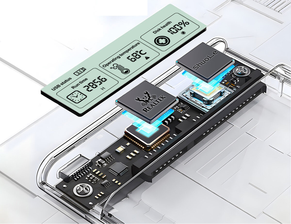Бокс для внешнего жесткого диска 2.5" SATA HDD/SSD ShuoLe U25-TY31-P-B (кабель USB-A - USB-C) c цифровым дисплеем — фото 1