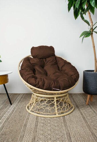 Изображение товара Кресло папасан мини с ротангом бежевое, коричневая подушка