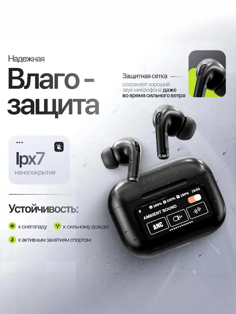 Наушники беспроводные A.Pods Pro 2 ANC с сенсорным дисплеем и активным шумоподавлением, черные — фото 1