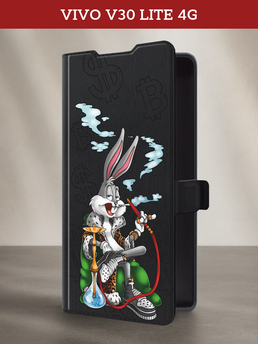 Чехол-книжка на Vivo V30 lite 4G/Y100 4G/T3 5G/V30 SE 5G/Y200E 5G с принтом Багз Банни с кальяном, черный