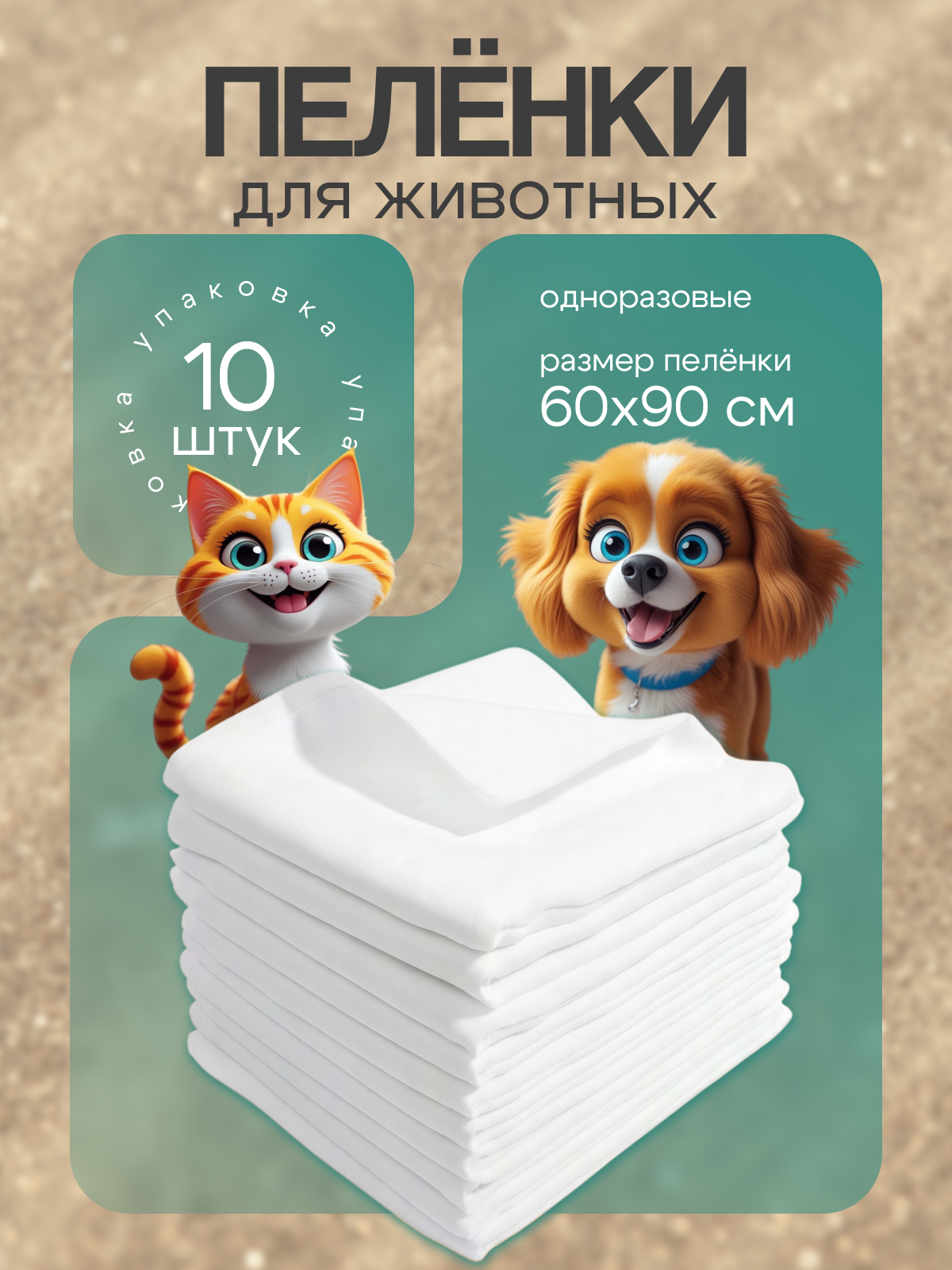 Одноразовые пелёнки впитывающие для животных 60х90 (10шт) эконом