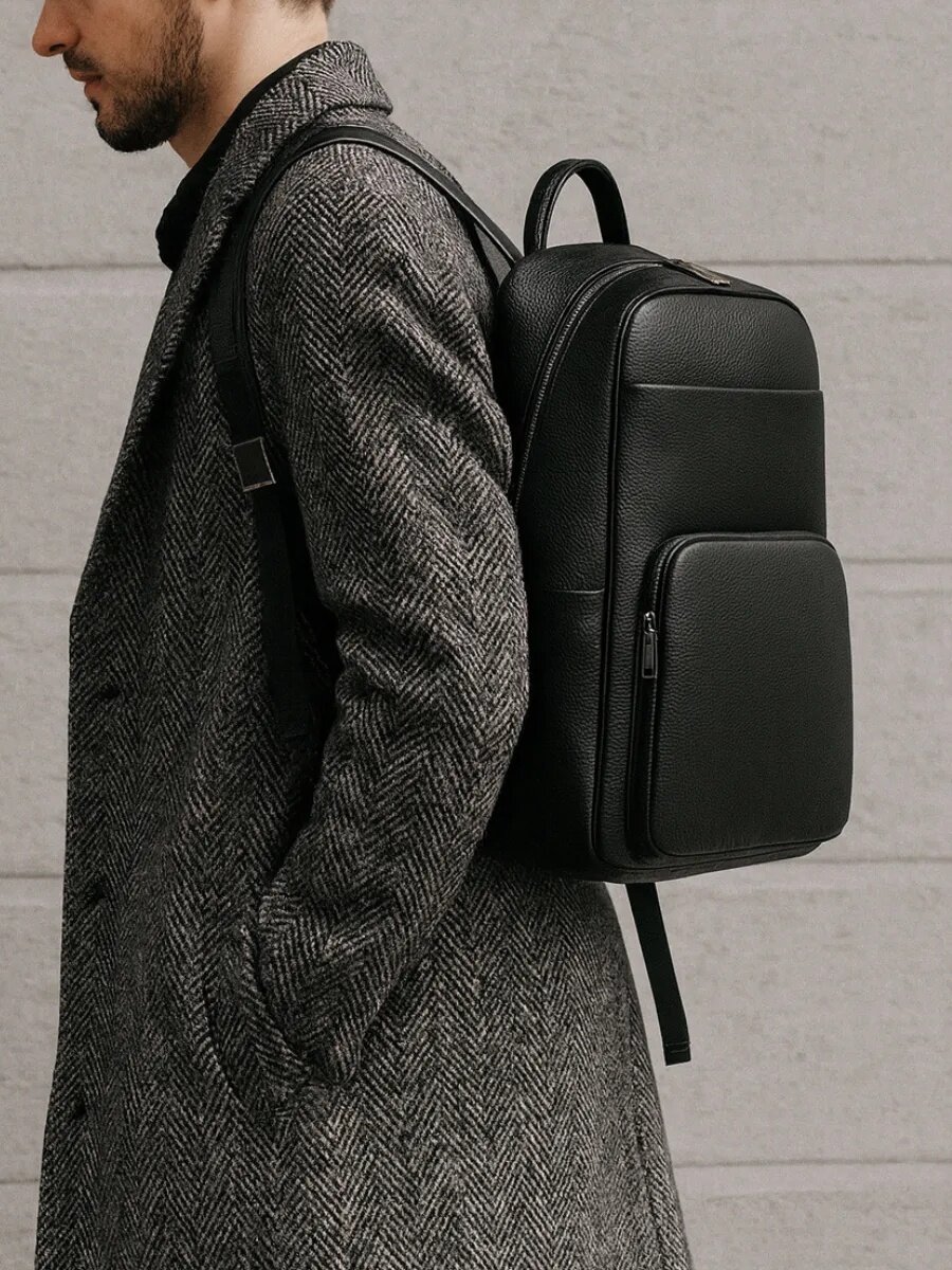 Рюкзак FAUSTINI, натуральная кожа, унисекс, черный для ноутбука — фото 1