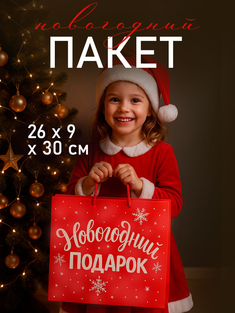 Подарочный пакет M 30 х 26 х 9 см картон красный для упаковки подарка на Новый год