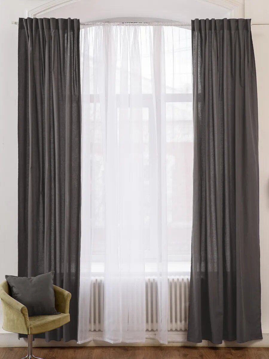 Шторы для гостиной 145х300 2 шт YERRNA, 100% хлопок, рогожка, темно-серый, шторы для спальни — фото 1