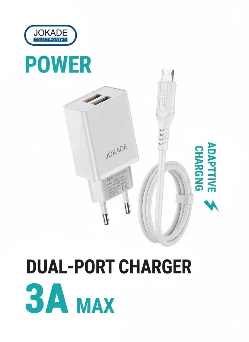 Зарядное устройство Jokade, JB024, 3A, 2 порта, кабель Micro USB, белое — фото 1
