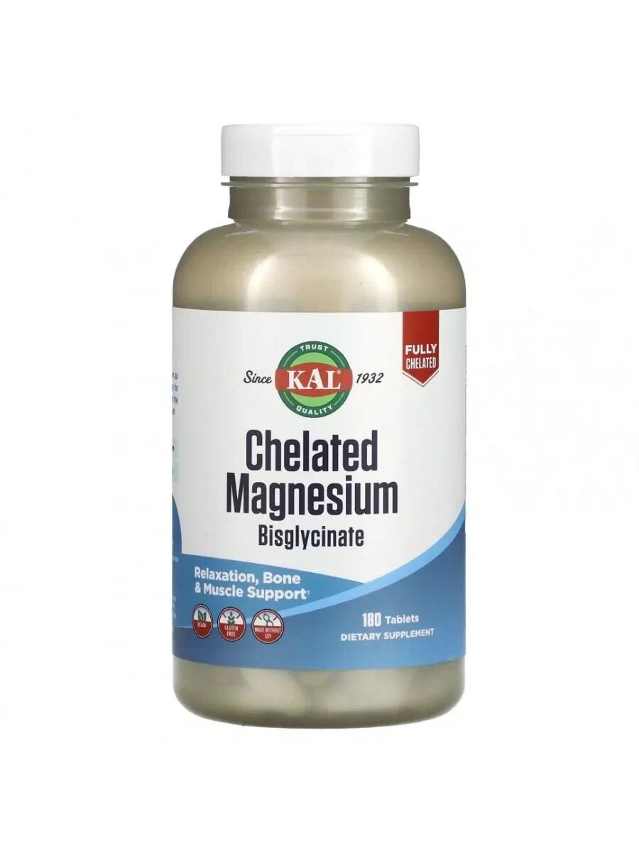 Биологически активная добавка KAL Chelated Magnesium Bisglycinate, хелатный магний, 180 таблеток