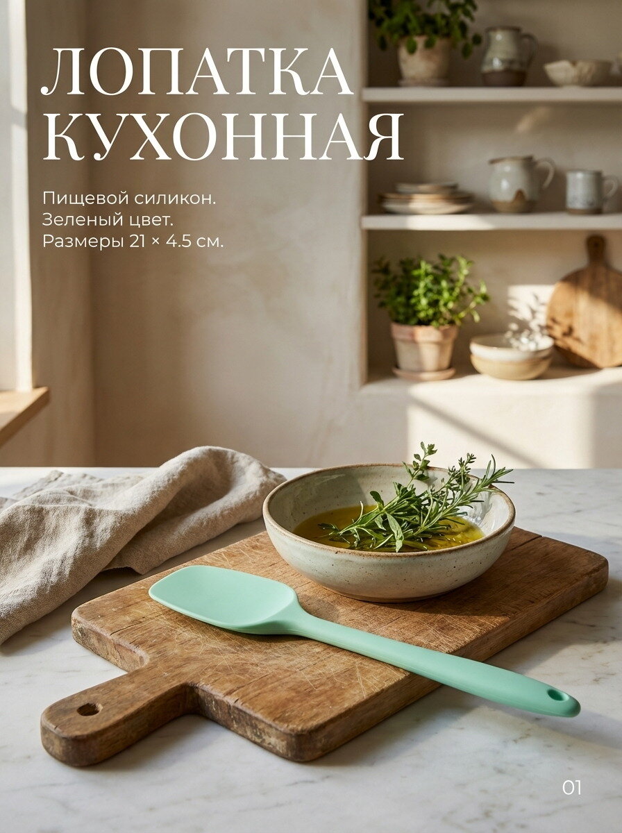 Лопатка кухонная, зеленый, 21х4.5см, пищевой силикон, 1шт