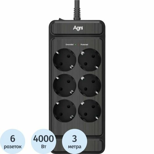 фото Сетевой фильтр agni 6р/3м, черный(tp-fs6e-3m-black), 2444493
